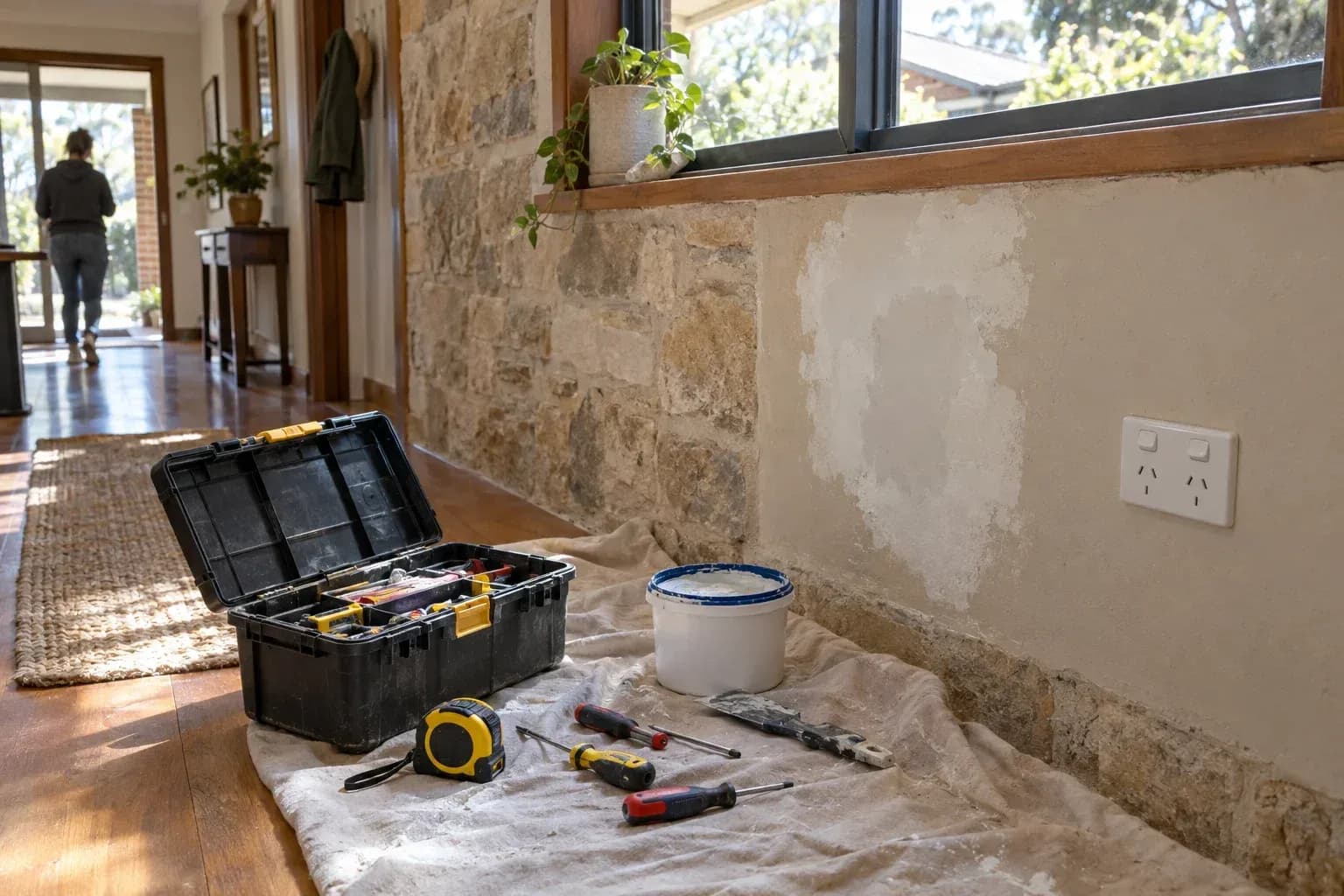 A tidy work area in a sunlit hallway of a stone cottage shows a small toolbox open on a drop sheet, with a tap