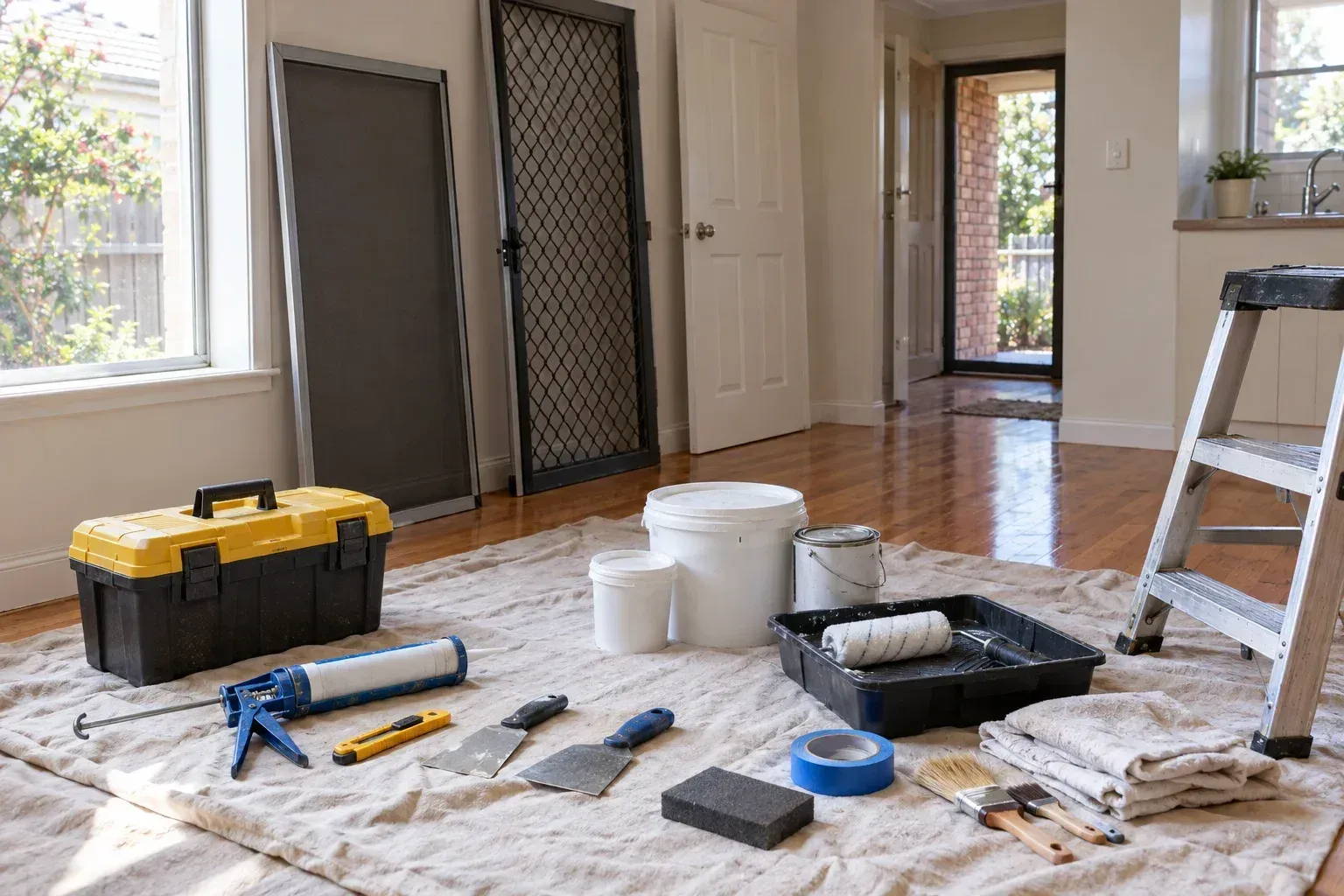 A handyman kit ready by the front door