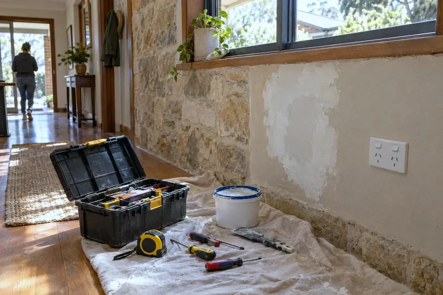 A small toolbox open on a drop sheet in a stone cottage hallway