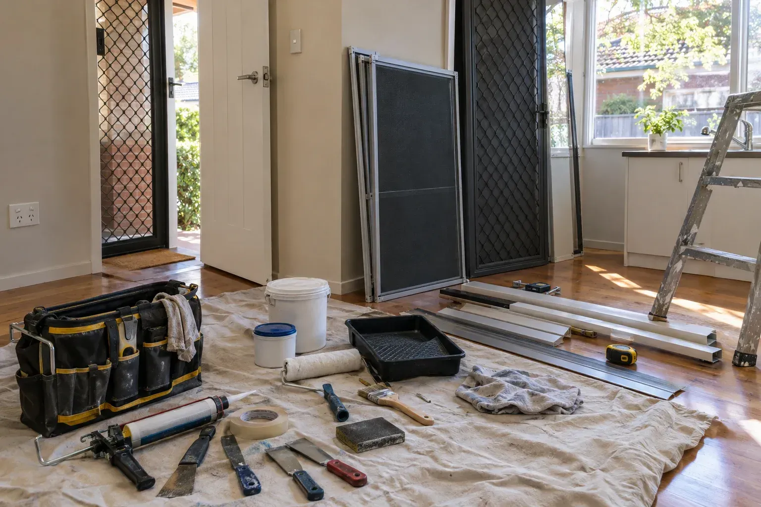 Tools laid out for freeing a sticking door